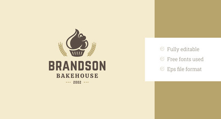 Bakehouse fresh appetizing creamy cupcake old style logo design template vector flat illustration. Bakery traditional bread sweet delicious pastry dessert cooking shop store brand logotype