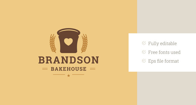 Bakery bake food bread with heart store retro logo design template vector flat illustration. Bakehouse baking pastry sweet delicious wheat product traditional recipe shop cafe minimalist logotype - Powered by Adobe