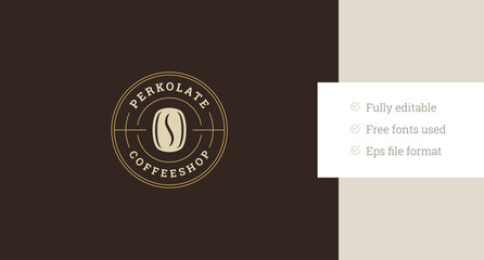 Coffeeshop minimalist retro circle logo design template with bean vector flat illustration. Coffee shop store cafe cafeteria hot morning traditional beverage golden minimalist logotype