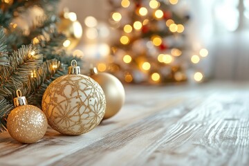 Bolas de decoraci&oacute;n navide&ntilde;a en el suelo bajo el &aacute;rbol de Navidad. Casa de lujo decorada. Recurso gr&aacute;fico, fondo.