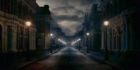 Dark, empty Victorian street with gas lamps and cobblestone pavement. Historical ambiance with...