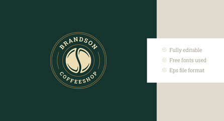 Coffeeshop natural coffee bean circle retro logo design template vector flat illustration. Traditional morning caffeine drink aroma fragrance hot beverage old style minimalist logotype