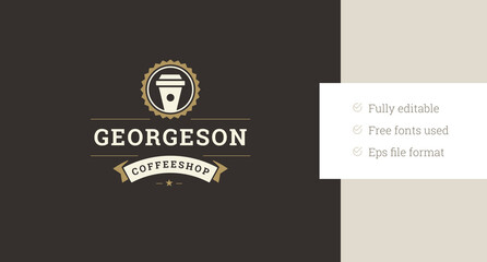 Coffeeshop retro luxury logo design template with coffee paper cup vector flat illustration. Morning hot caffeine beverage take away minimalist logotype with ribbon decorative element