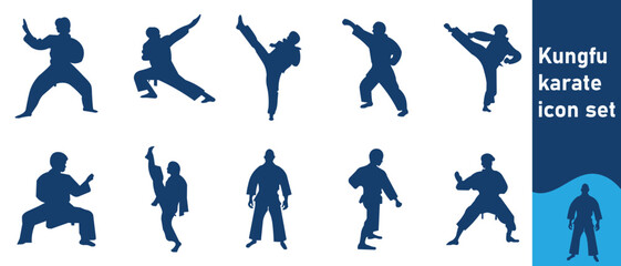  Kung Fu Karate Icon Set, Martial Arts, Black Belt, Ji (Karate Uniform), Dojo, Kung Fu, Stance, Karate Chop, High Kick, Martial Art Pose, Fist Strike, Tiger Claw (Kung Fu), Crane Stance, Punch,