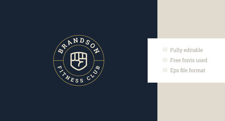 Fitness club minimalist athletic fist circle retro logo design template vector flat illustration. Gym center boxing bodybuilding sport training muscle physical exercise workout creative logotype