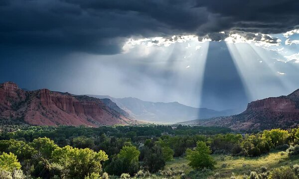 Sun rays burst through heavy clouds, illuminating a mountain range in the distance.