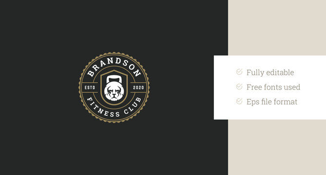 Lion head in dumbbell weight gym center circle retro logo design template vector flat illustration. Fitness club sport bodybuilding athletic strong muscle training seal stamp old style logotype