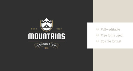 Mountain expedition club hiking travel adventure retro logo design template vector flat illustration. Snowy rock cliff with camping nature climbing exploration discovery inspiration logotype