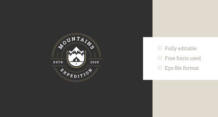 Mountain expedition center extreme sport camping travel circle retro logo design template vector flat illustration. Mountaineering tourism hiking climbing summer exploration discovery logotype