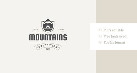 Mountain camping tent summer travel exploration retro logo design template vector flat illustration. Mountaineering alpinism rock cliff climbing expedition nature adventure discovery logotype