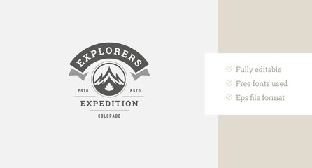 Mountain extreme expedition discovery travel retro logo design template vector flat illustration. Snowy rock cliff with spruce climbing sport hiking mountaineering exploration minimalist logotype
