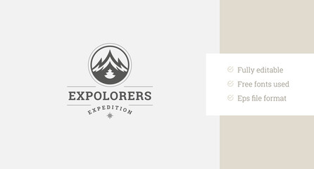 Extreme expedition mountain with spruce retro logo design template vector flat illustration. Hiking mountaineering camping travel adventure nature exploration discovery minimalist logotype