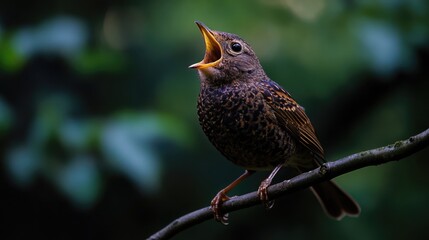 Young Bird Singing on Branch with Green Background