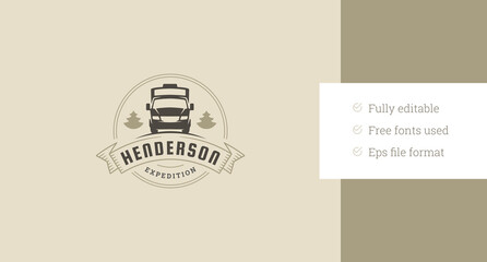 Family summer road trip expedition camping van circle retro logo design template vector flat illustration. Hipster lifestyle automobile travel exploration tourism vacation minimalist logotype spruce