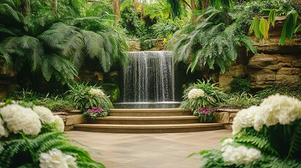 Obraz premium Lush Tropical Garden with a Cascading Waterfall and Stone Steps