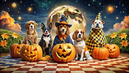 Cute Halloween wallpaper dogs in costumes, sitting on a patchwork quilt, surrounded by jack-o'-lanterns, bats, and a full moon.