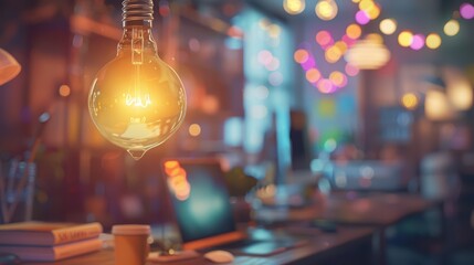 A glowing light bulb hangs in a stylish workspace, illuminated by warm colors and surrounded by a cozy atmosphere.