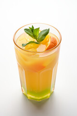Refreshing tropical fruit cocktail with mint garnish served in a tall glass against a plain background