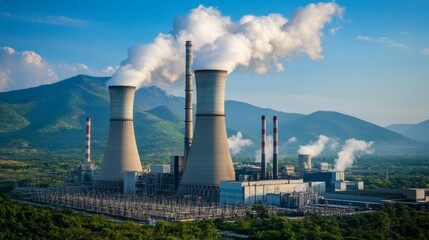 Fototapeta premium The chimneys of the thermal power station with white clouds of steam and Cooling tower of thermal power plant.