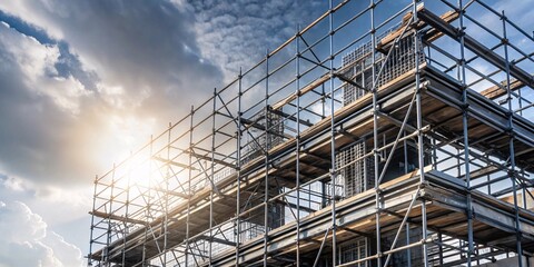 Construction Site Scaffolding Against Cloudy Sky. Intricate metal scaffolding rises up against a partly cloudy sky at a construction site. The scaffolding forms a complex grid pattern.