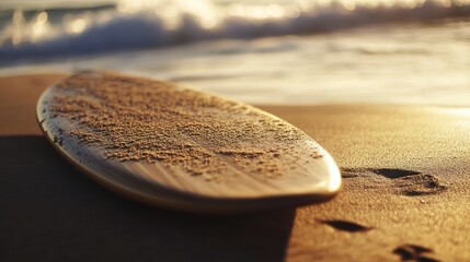 Obraz premium A surfboard rests on the sandy beach, illuminated by the warm glow of the setting sun.