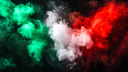 The flag of Italy consists of a colorful explosion of green, white and red Holi colors on a black background.  Multicolored clouds of smoke. Stylish fireworks display