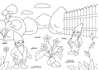 Gnome in the garden graphic black white landscape sketch illustration vector