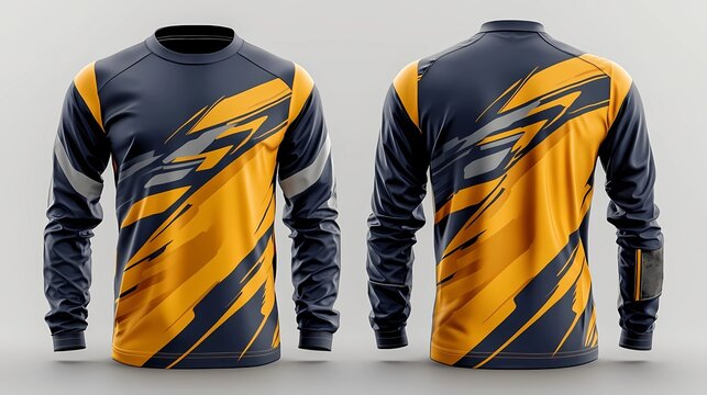 modern paint splash grey yellow red maroon color jersey for gaming, long sleeve mockup with front and back views isolated clean white background