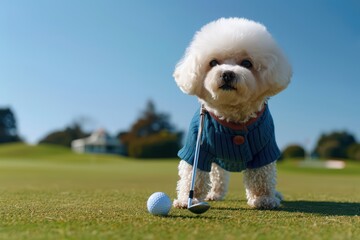Obraz premium A playful dog dressed in a blue outfit posing on a golf course with a golf ball, enjoying a sunny day outdoors.