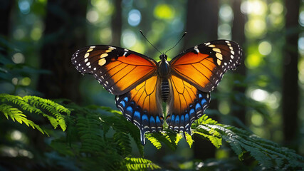 Obraz premium Butterfly wings illuminated by sunlight in a dense forest