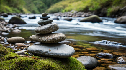 Cairn of smooth stones balanced beside a flowing river