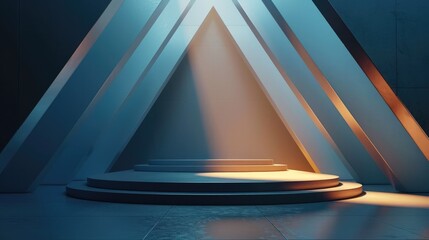 Futuristic geometric architectural composition with glowing triangular podium in blue tones  Minimalist digital with dynamic lines shapes and lighting creating a modern elegant and innovative scene
