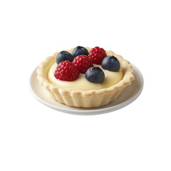 A plate of fruit tartlets filled with custard and topped with fresh berries, isolated on a white background,
