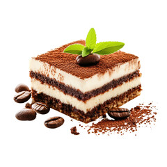 A perfectly layered tiramisu dusted with cocoa powder and garnished with a coffee bean, isolated on a white background