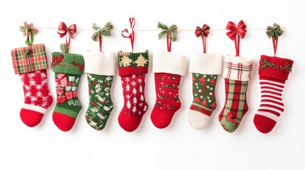 Collage of hanging Christmas socks with gifts on white background