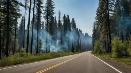 A smoky haze from a forest fire looms over a road, surrounded by green trees and a bright blue sky