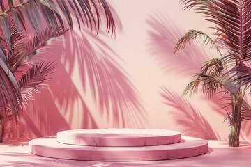 A serene pink backdrop featuring lush palm leaves and soft shadows, perfect for presentations and creative displays.