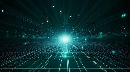 Obraz premium A futuristic digital background with radiant beams and glowing particles, creating an immersive, high-tech atmosphere.