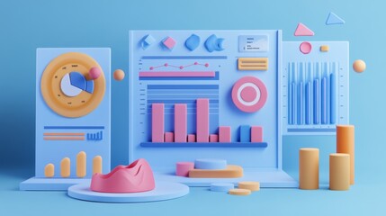 Side-by-side comparison charts for competitive analysis, presented in a 3D illustration to highlight detailed metrics and strategic insights in a modern design