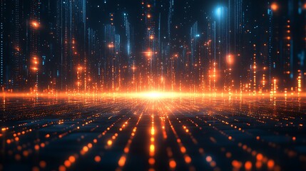 Obraz premium A futuristic digital landscape featuring glowing lights and particles, creating an immersive experience of technology and innovation.