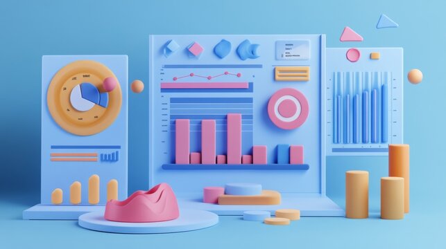 Side-by-side comparison charts for competitive analysis, presented in a 3D illustration to highlight detailed metrics and strategic insights in a modern design