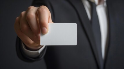 Hand holding Identification white blank id card on gray background