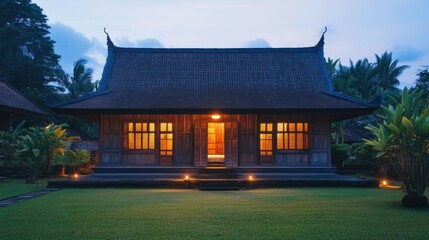 Obraz premium Illuminated Traditional Wooden House in the Twilight
