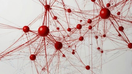 Abstract network connection with red and white dots on a minimalist white background