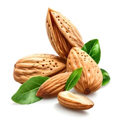 Almonds and green leaves isolated on white background,
