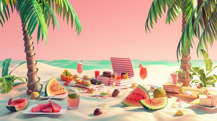 Obraz premium A vibrant beach picnic setup with tropical fruits, refreshing drinks, and a serene sunset backdrop. Perfect for summer vibes.
