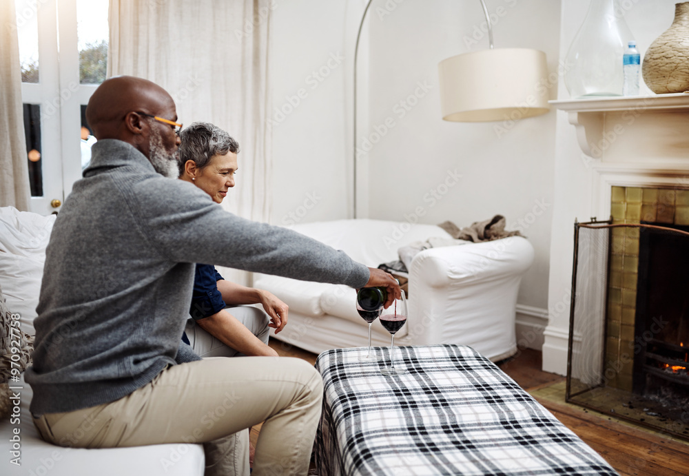 Poster Relax, home and senior couple with wine for date night together for marriage anniversary. Love, romance and elderly man pour alcoholic drink for celebration of commitment with wife in living room.