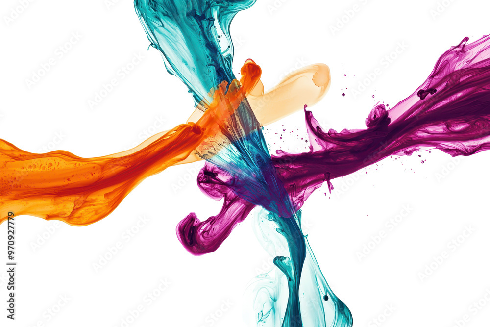 Wall mural colorful liquid splashes intersect in mid-air, creating a vibrant and dynamic abstract design.
