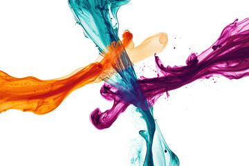 Colorful liquid splashes intersect in mid-air, creating a vibrant and dynamic abstract design.