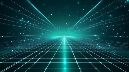 A futuristic digital landscape with glowing lines and a grid, creating a sense of depth and motion in a vibrant teal hue.